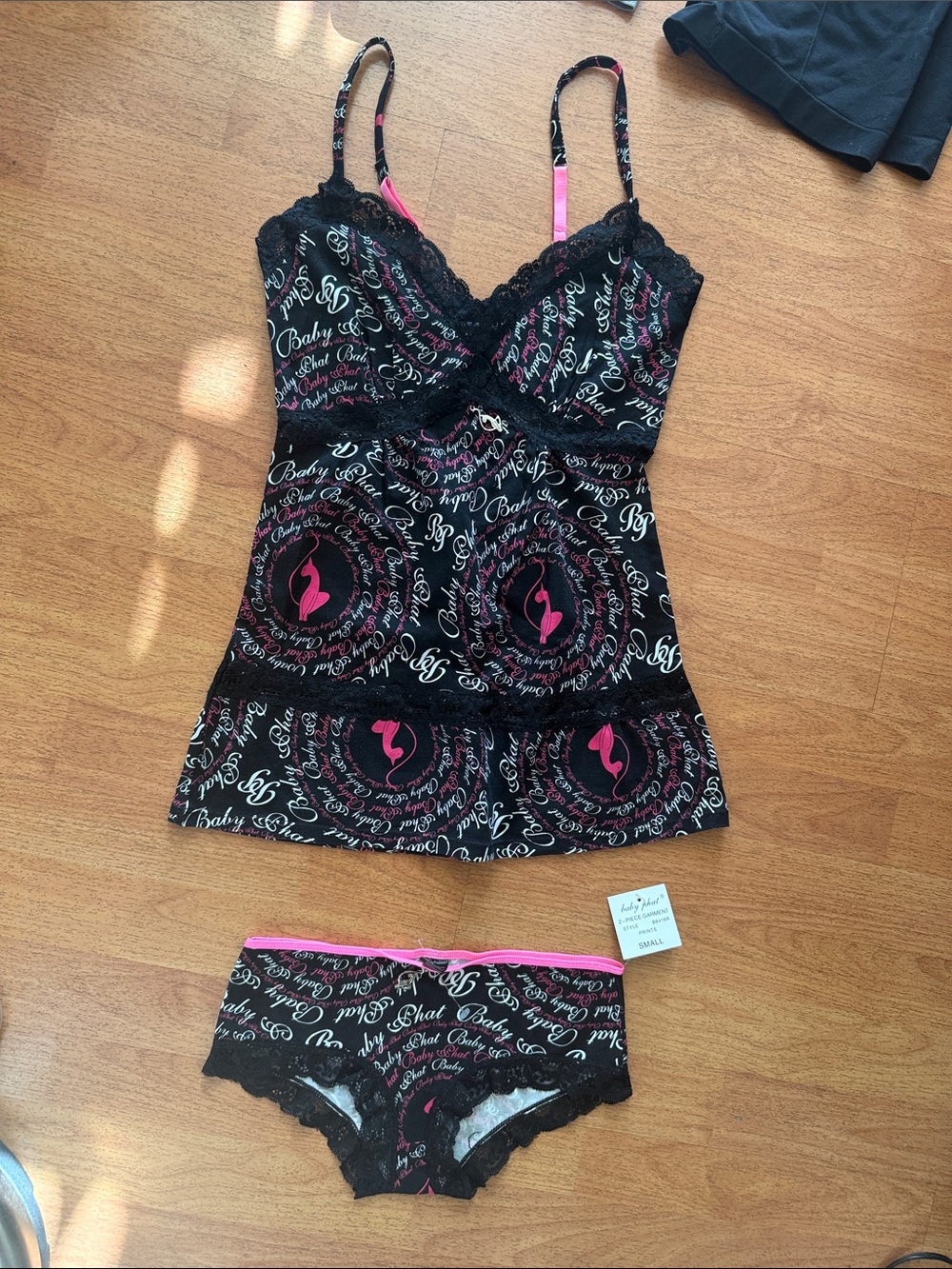Baby Phat Black and Hot Pink Logo Lace Chemise with Matching Boyshorts